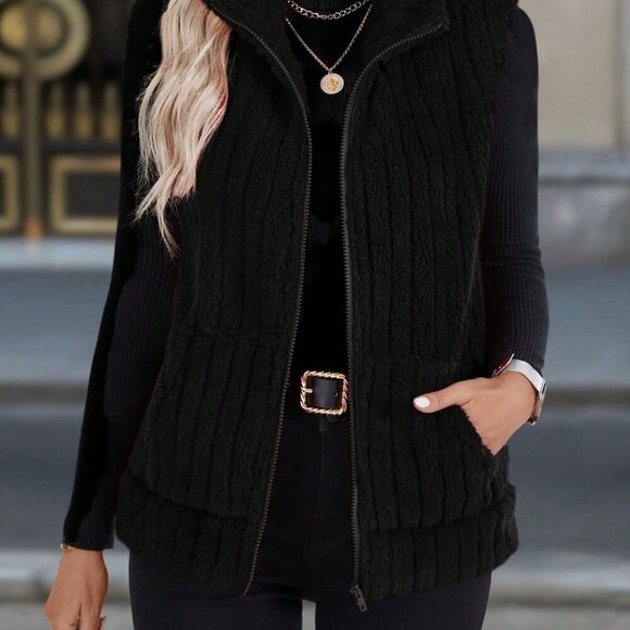 Black Casual Women's Zip-Up Stand Collar Vest Jacket - Picture 2 of 6